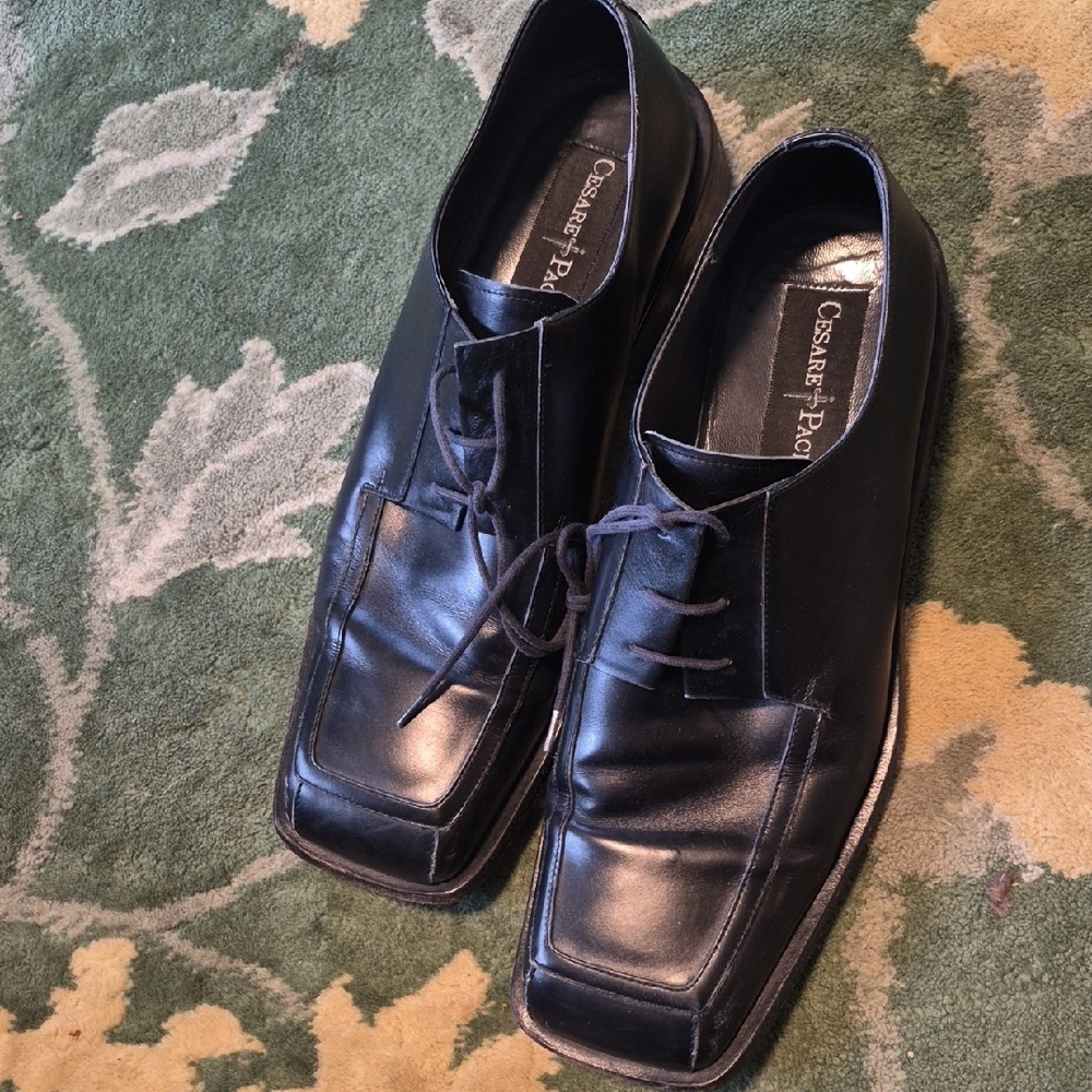 Cesare Paciotti Black Leather Lace-Up Square-Toe Oxfords